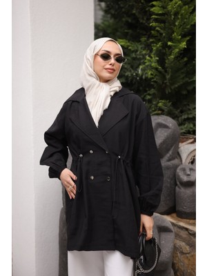 İmaj Butik Siyah Bel Lastikli Kruvaze Yaka Ceket