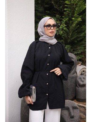 İmaj Butik Siyah Balon Kol Kuşaklı Gömlek