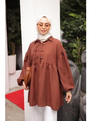 İmaj Butik Kahverengi Kol Lastikli Önü Düğmeli Biyeli Tunik