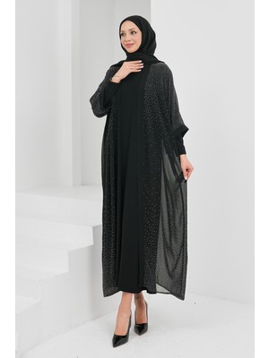 İmaj Butik Siyah Taş Detaylı Ikili Abaya Takım