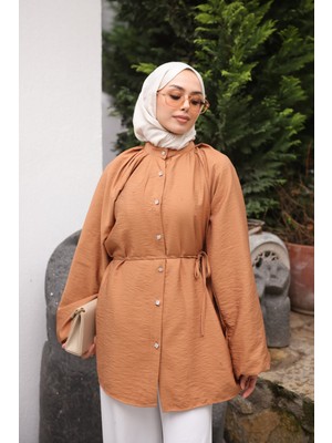 İmaj Butik Taba Balon Kol Kuşaklı Gömlek