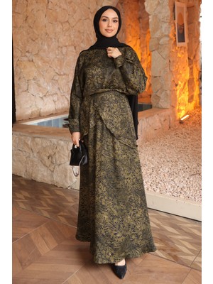 İmaj Butik Haki Desenli Ön Bağlamalı Saten Bluz Etekli Takım