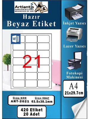 Artlantis A4 21 Li Hazır Etiket 63.5X38.1 mm 20 Sayfa 1 Paket Kendinden Yapışkanlı Fotokopi Lazer Inkjet Kağıdı Yazıcılar Için Uyumlu