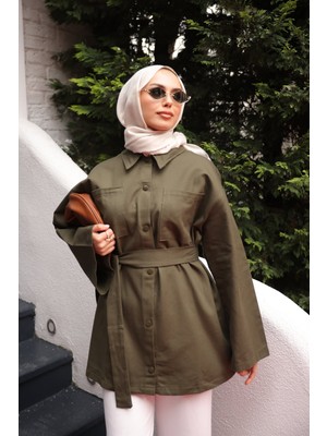 İmaj Butik Haki Çıçıtlı Cepli Oversize Gabardin Gömlek