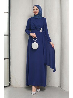 İmaj Butik Lacivert Önü Drapeli Taşlı Abiye