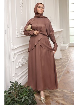 İmaj Butik Kahverengi Floş Saten Ön Detaylı Bluz Etekli Takım