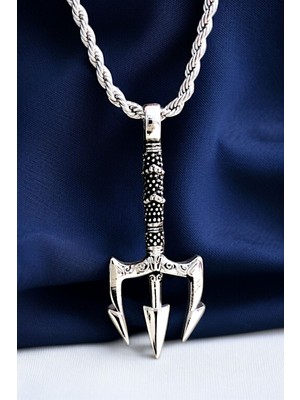 Normadia Gümüş Kaplama Erkek Kolye Madalyon Poseidon Mızrağı Otantik Gravür