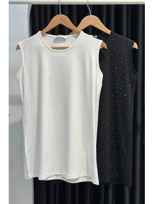 İmaj Butik Ekru Bisiklet Yaka Sıfır Kol Taşlı Içlik Tunik