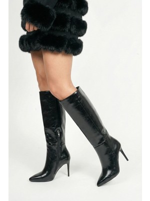 Kadın Sivri Ince 9 cm Topuklu Içi Kürklü Çizme Yandan Fermuarlı Çizme Parlak Siyah