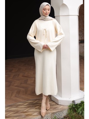 İmaj Butik Krem Merserize Triko Hırka Elbise Ikili Kombin Takım