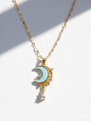 Normadia Şık Çelik Mavi Yansımalı Ay Kolye, Zarif Tasarım