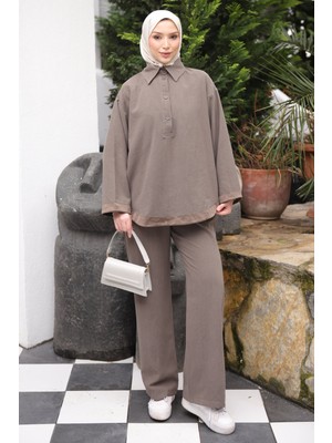 İmaj Butik Vizon Yaka Düğmeli Tunik Pantolonlu Takım