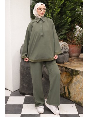 İmaj Butik Haki Yaka Düğmeli Tunik Pantolonlu Takım