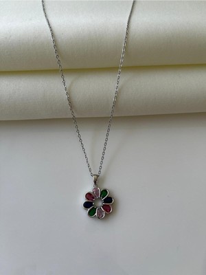 Normadia Renkli Taşlı Çiçek Detaylı Kadın Kolye, Şık ve Zarif Takı Hediye