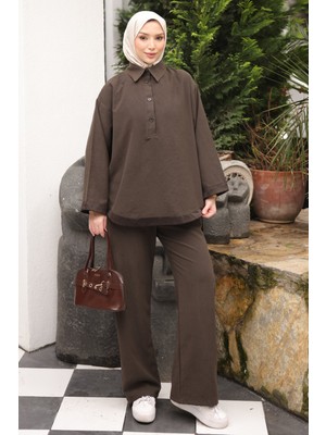 İmaj Butik Kahverengi Yaka Düğmeli Tunik Pantolonlu Takım