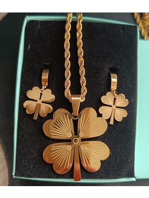 Normadia Dört Yonca Çelik Kolye ve Küpe Seti, Şık ve Dayanıklı Takı Seti