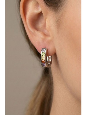 Osha Aksesuar Gümüş Kaplama Çok Renkli Zirkon Taşlı Halka Küpe