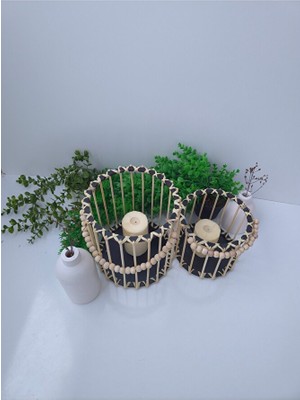 Muja Dec Doğal El Işçiliği Bambu Fener Sepet,mumluk,saksı 2li 25VE15CM