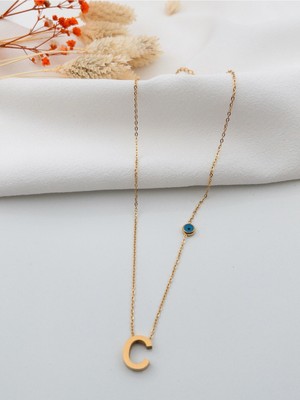 Normadia Şık Nazar Boncuklu Harfli Çelik Kolye, Gold Renkli Kadın Takısı