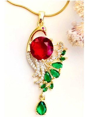 Normadia Şık Zincirli Kolyeli, Kırmızı-Yeşil Altın Kaplama, Zirkon Taşlı