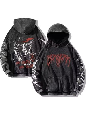 Harmony Factory Anime Berserk No Guts No Glory Yıkamalı Kumaş Kapüşonlu Unisex Sweatshirt