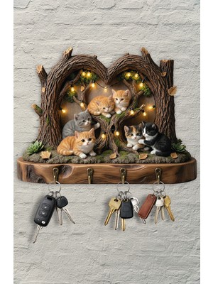 Time in a Tin Ahşap Anahtar Askılığı Retro Şirin Kediler Temalı Dekoratif Duvar Anahtar Askısı