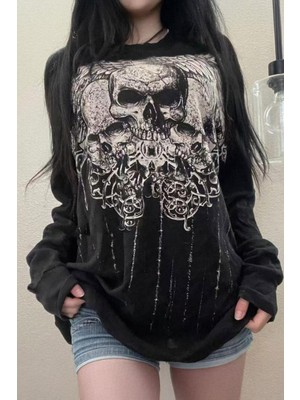 Harmony Factory Siyah Tribal Skulls Baskılı Oversize Gotik Y2K Unisex Sweatshirt - Tarzını Cesurca Yansıt
