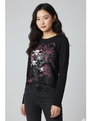 Harmony Factory Siyah Gothic Skulls Uzun Kollu Crop Bluz