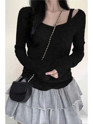 Köstebek Siyah Ek Askılı Madonna Yaka Harajuku Y2K Uzun Kollu Crop