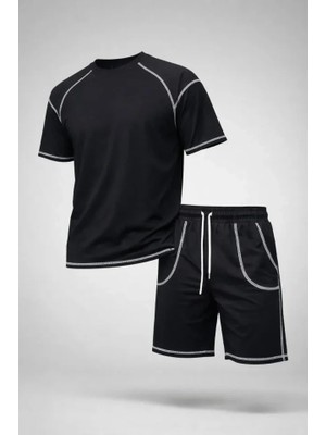 Çamaşır Kenti Erkek Spor Tişört Şort Takım Kontrast Dikiş Detaylı Ovarsize Rahat Kalıp
