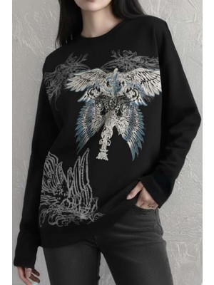 Harmony Factory Siyah Gotik Wing Detaylı Y2K Unisex Sweatshirt