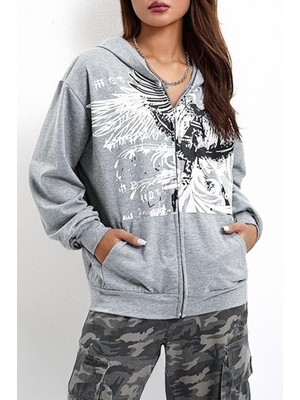 Harmony Factory Gri Melanj Gotik Wings Tribal Kapüşonlu Harajuku Unisex Y2K Hırka