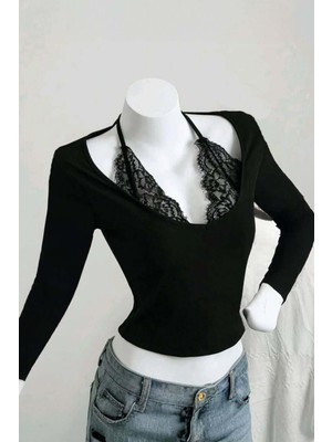 Harmony Factory Siyah Bağlamalı Dantelli Ekli Gotik Y2K Uzun Kollu Crop