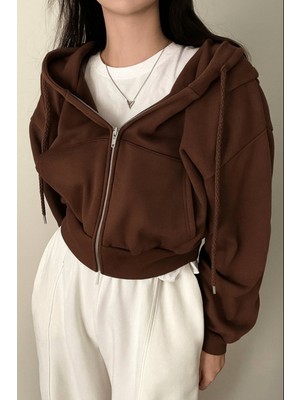 Harmony Factory Kahverengi Crop Top Kalın Kumaş Fermuarlı Kapüşonlu Sweatshirt