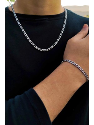 Normadia Şık Erkek Çelik Zincir Kolye ve Bileklik Seti, 4mm, Modern Tasarım