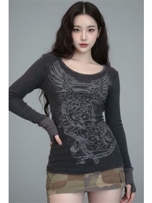 Harmony Factory Füme Uzun Kollu Crop Bluz