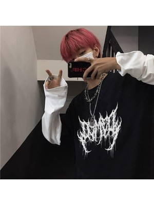 Harmony Factory Siyah Harajuku Gotik Atrocity Beyaz Kollu Unisex T-Shirt