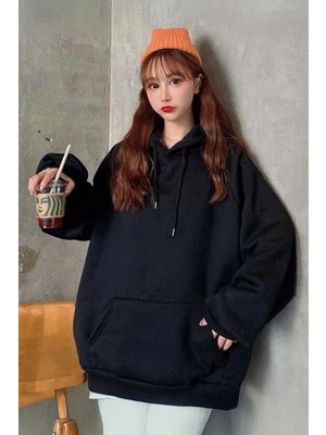 Harmony Factory Düz Oversize Kalın Siyah Kapüşonlu Y2K Unisex Sweatshirt