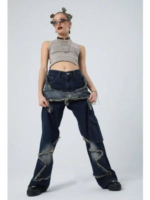 Harmony Factory Lacivert Kadın Bol Paça Kargo Cepli Harajuku Y2K Baggy Pantolon