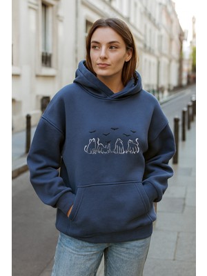 Harmony Factory Hayalet Kediler Nakışlı Oversize Hoohie 3 Iplik Şardonlu Unisex Sweatshirt