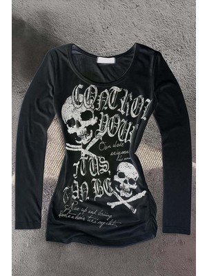 Harmony Factory Siyah Gothic Skulls Control Geniş Yaka Y2K Uzun Kollu Crop