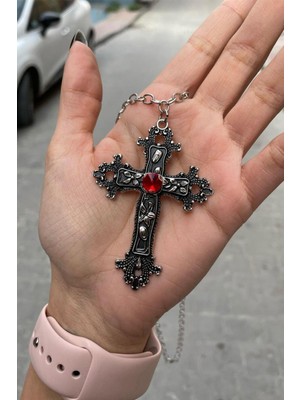 Harmony Factory Silver Misa Haç Kırmızı Taş Detaylı Kolye