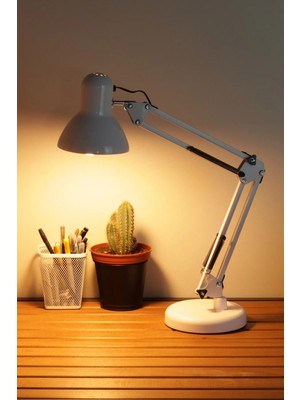 Akrobat Yaylı Metal Çalışma Masası Lambası, 360° Döner, Beyaz