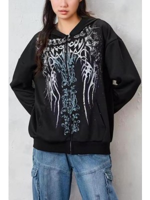 Harmony Factory Siyah Vintage Gothic Cyber Grunge Unisex Kapüşonlu Hırka
