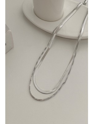 Normadia Şık ve Zarif Kadın Silver Italyan Zincir Çiftli Çelik Kolye Takımı