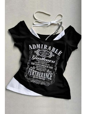 Harmony Factory Siyah Admirable Madonna Yaka Ek Askılı Gotik Y2K Kısa Kollu Full Body Crop