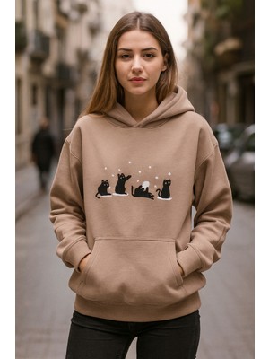 Harmony Factory Oversize Hoodie Siyah Kedi Nakışlı Yumuşak Dokulu Sokak Stili