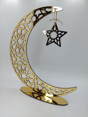 Ramazan İçin Ahşap Altın Pleksi Hilal Masa Süsü Kolay Kullanımlı ve Dekoratif Özellikte