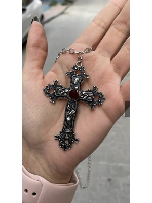 Harmony Factory Silver Anime Misa Haç Siyah Taş Detaylı Kolye