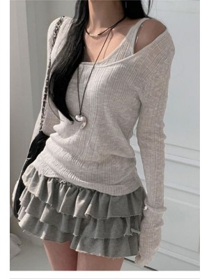 Köstebek Gri Ek Askılı Madonna Yaka Harajuku Y2K Uzun Kollu Crop